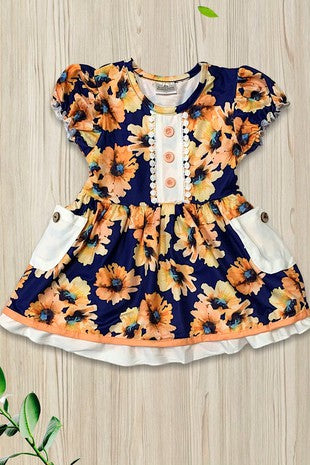 Kids/Youth Navy Sunflower Dress XL/5-6